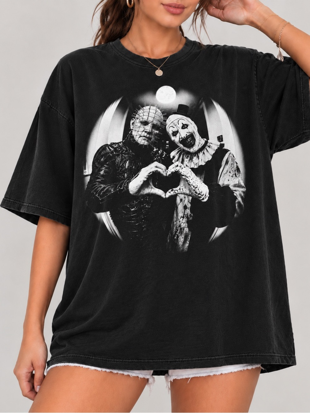 Pinhead and Art The Clown Heart Unisex T-shirt Halloween Horror Movie Tee